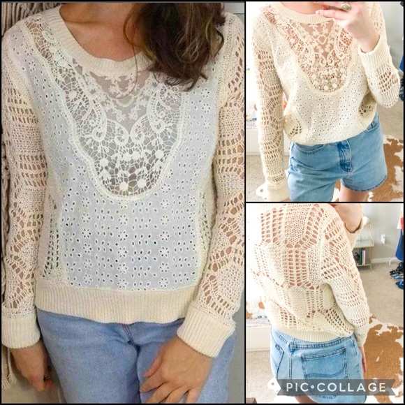 Free People Cream Crochet Knit Eyelet Lace Sweater - Picture 1 of 8